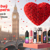 A red rose heart-shaped balloon floating over London with Valentine’s Day vape gifts